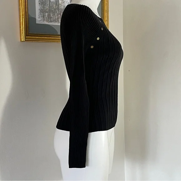 August Silk Petite PS Black Ribbed Sweater Gold Buttons Long Sleeve Y2K Preppy - Picture 6 of 9